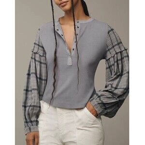Pilcro Anthropologie The Andie Ribbed Henley Top Balloon-Sleeve XS NWD 276729